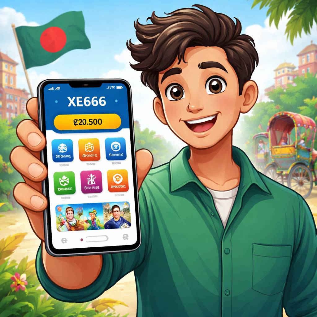 Cartoon Android user holding a phone with xe666 app interface and bright mobile icons