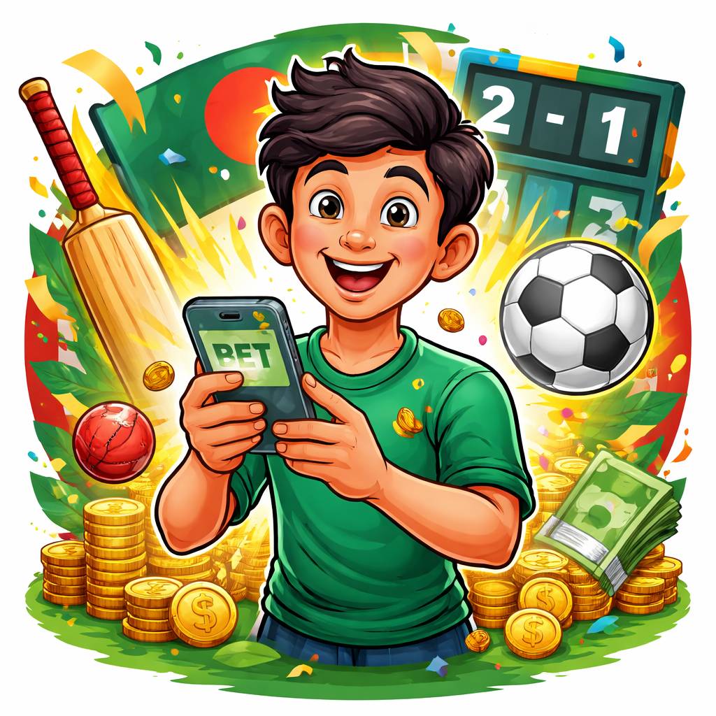 Cartoon sports bettor holding a phone with cricket and football icons in a bright xe666 betting scene