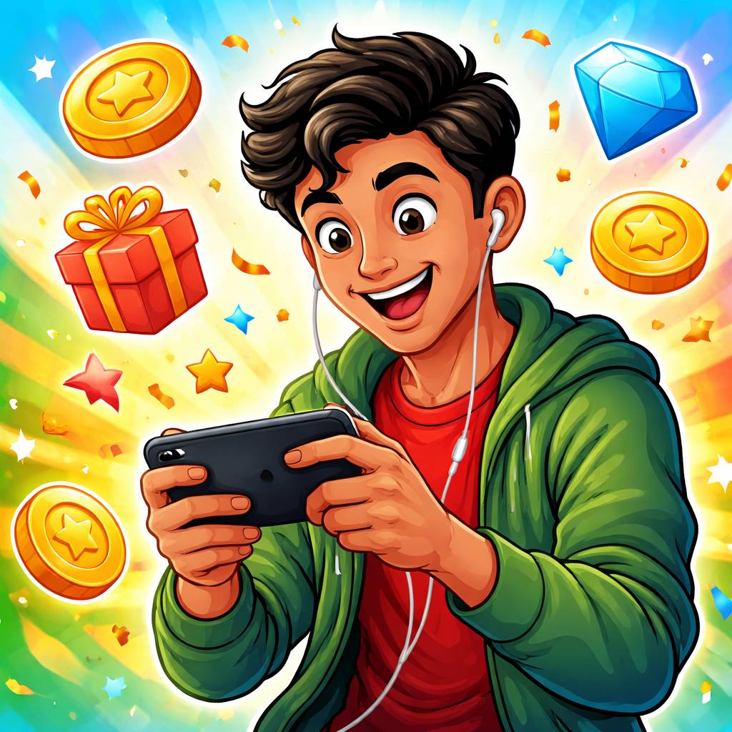 Cartoon mobile gamer in Bangladesh using the xe666 app with bright reward icons