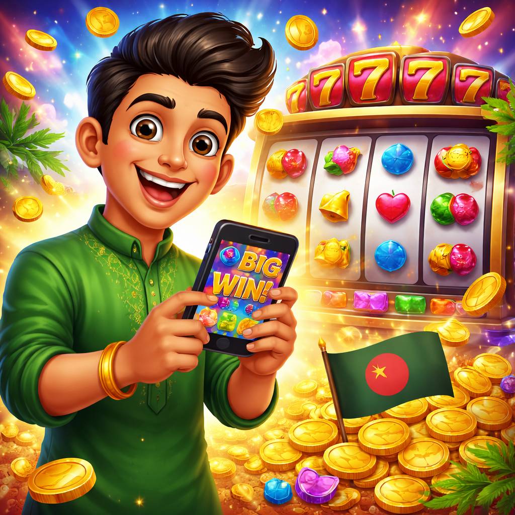 Cartoon slot player holding a phone with reels, coins, and bright xe666 style rewards